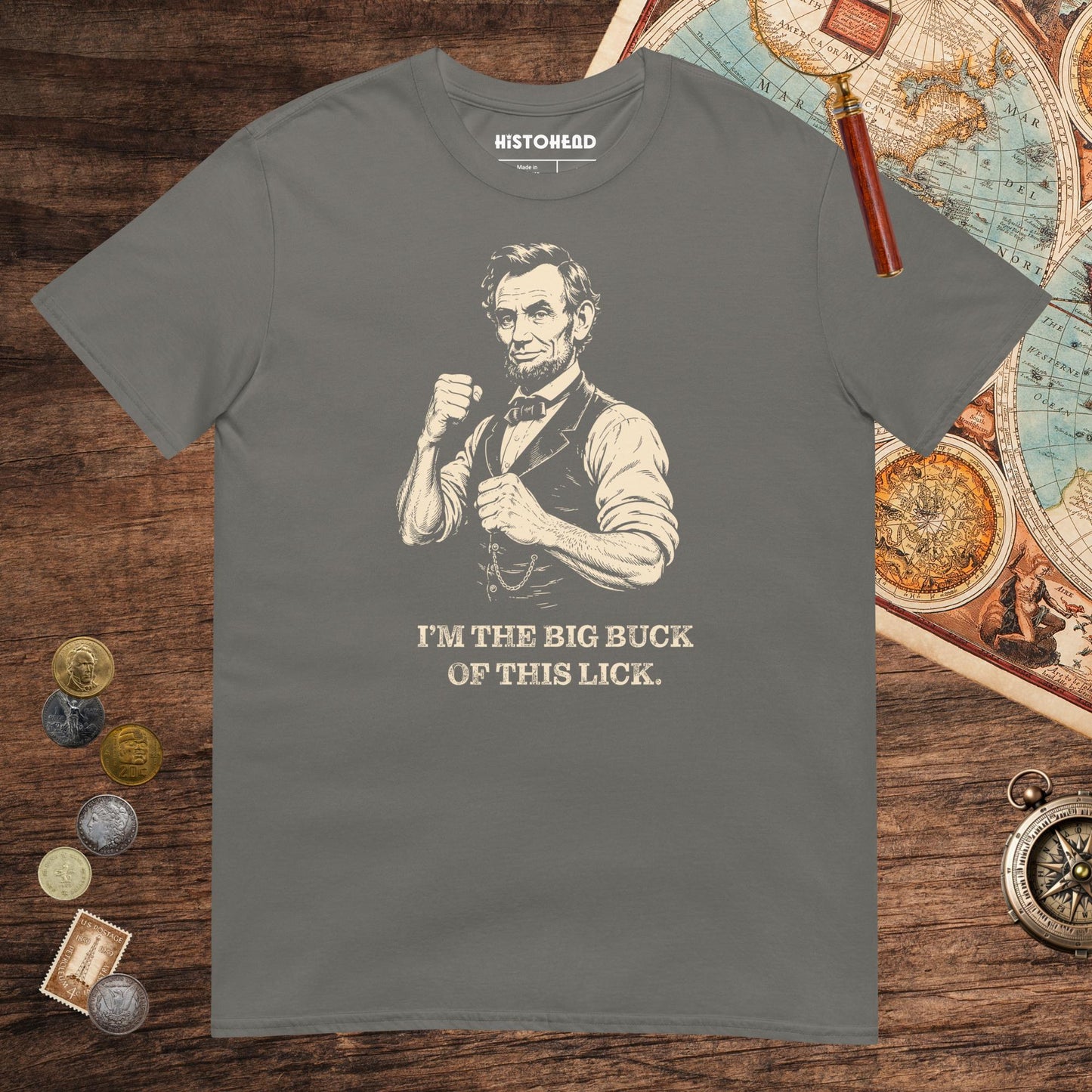 Charcoal Lincoln The Big Buck Tee - history buff gift by HistoHead