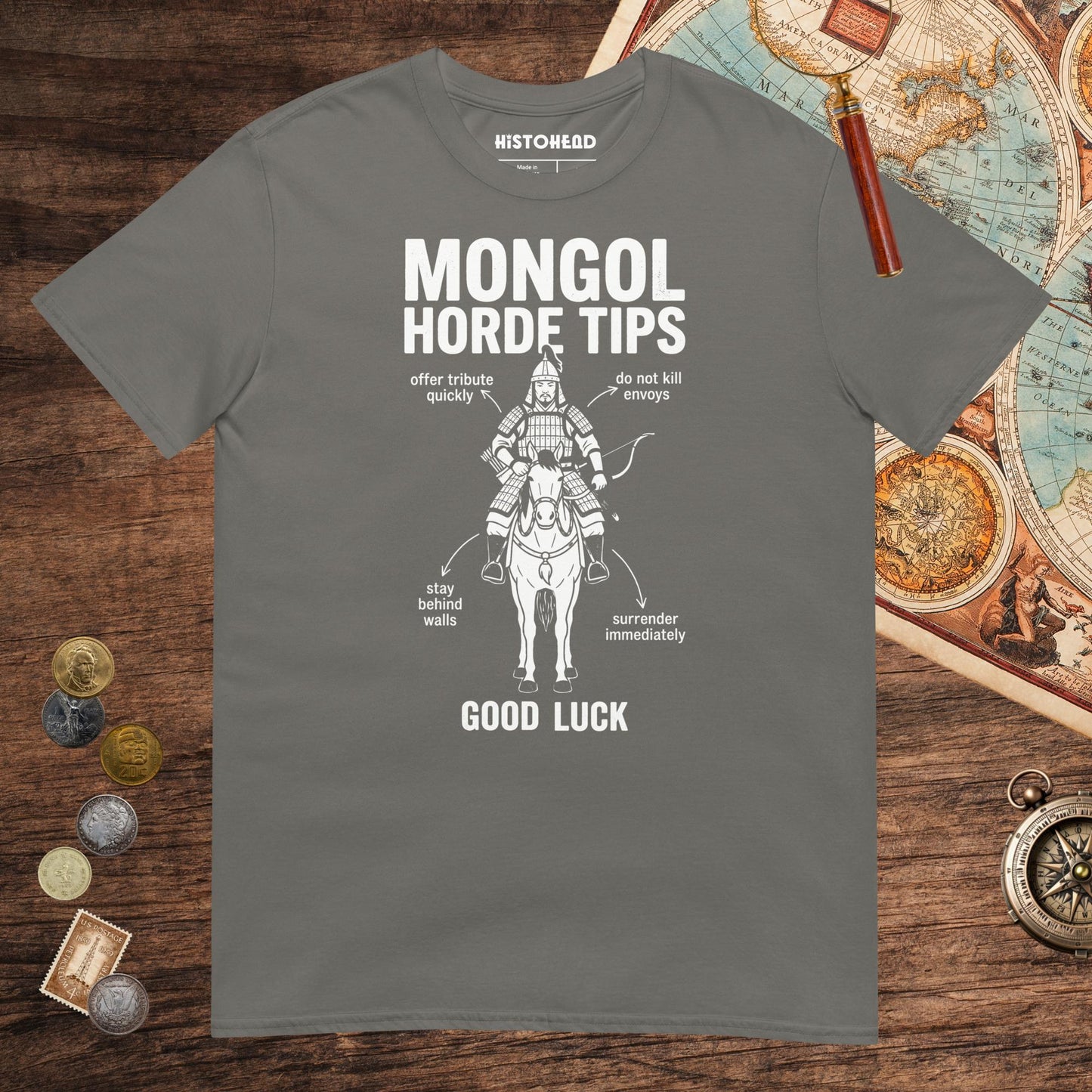 Charcoal Mongol Horde Tips Tee - history buff gift by HistoHead