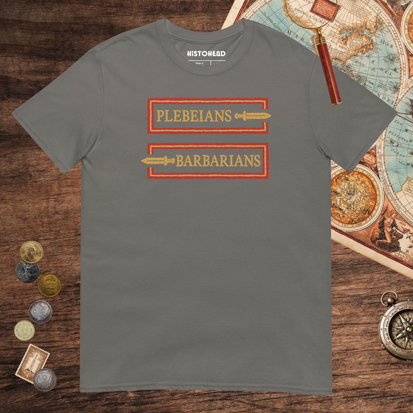 Charcoal Mosaic Plebeians or Barbarians Tee - history buff gift by HistoHead