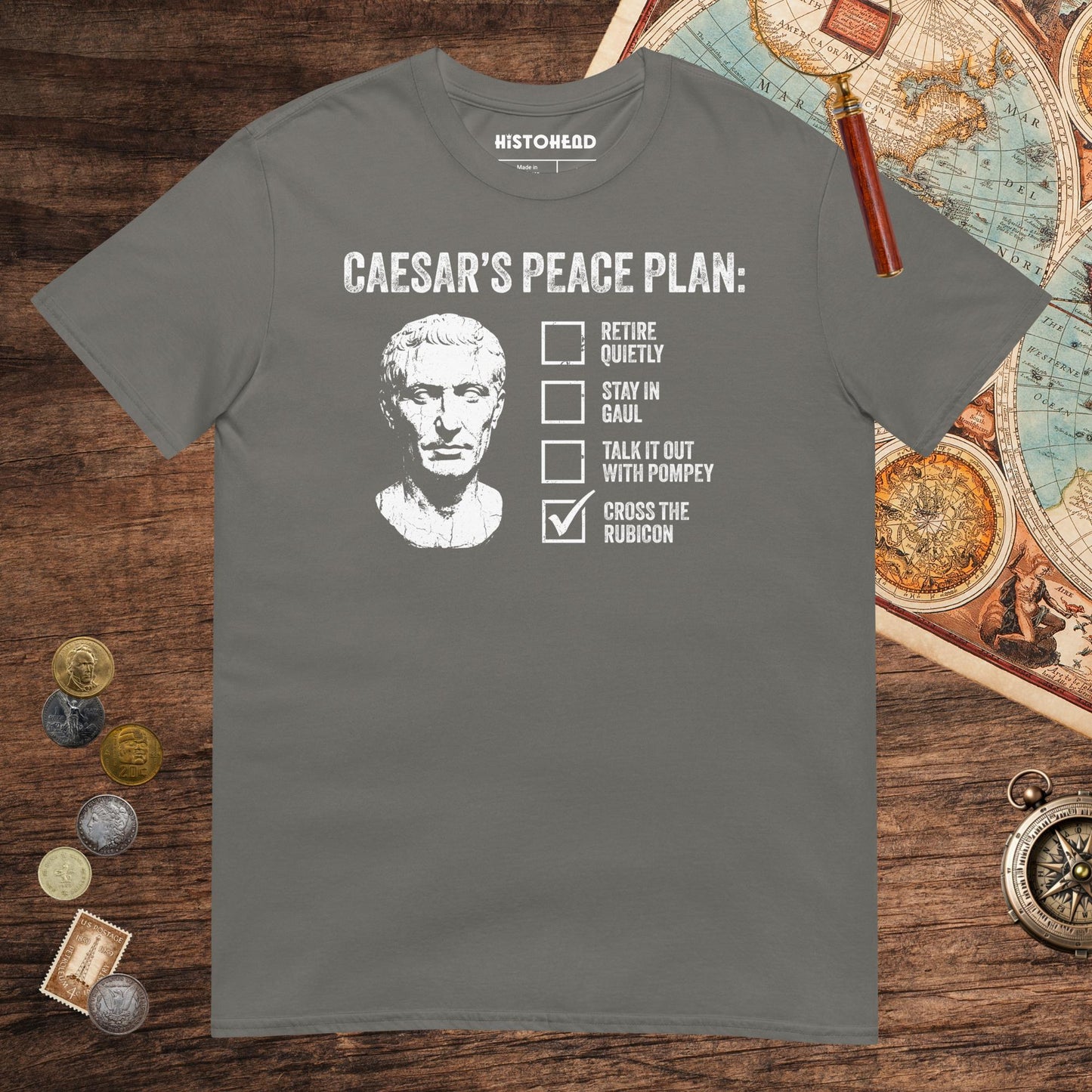Charcoal Caesar's Peace Plan Tee - history buff gift by HistoHead