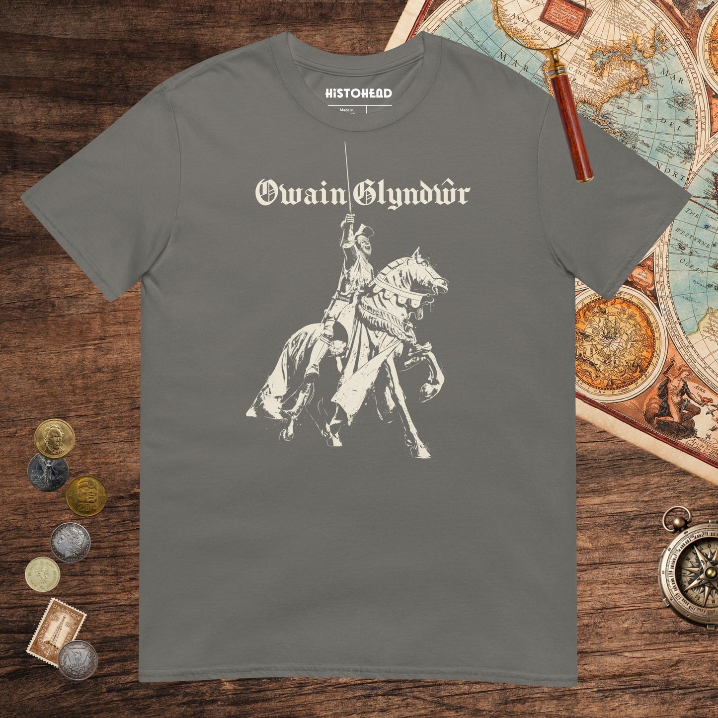 Charcoal Owain Glyndŵr Statue Tee - history buff gift by HistoHead