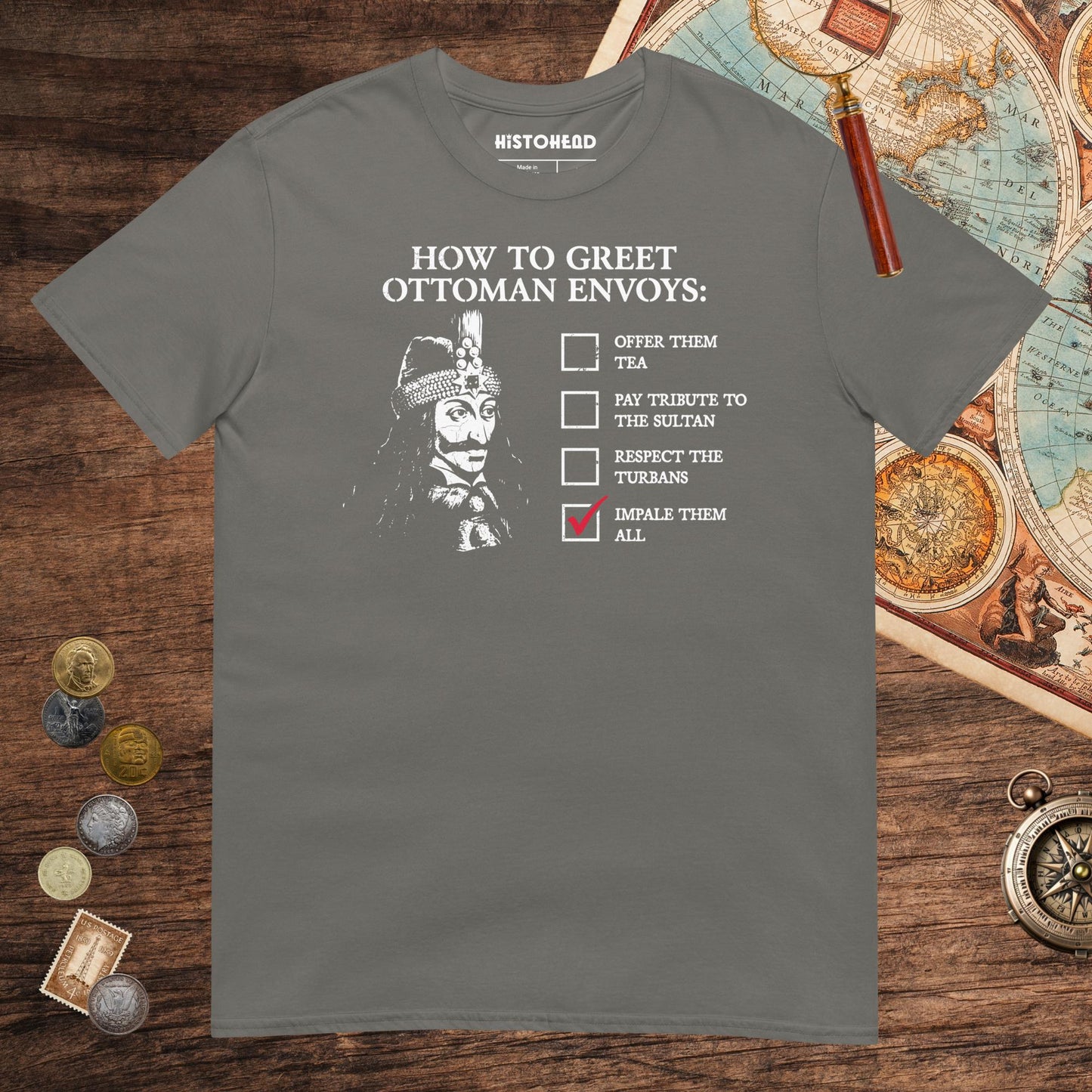 Charcoal Vlad the Impaler How to Greet Guide Tee - history buff gift by HistoHead