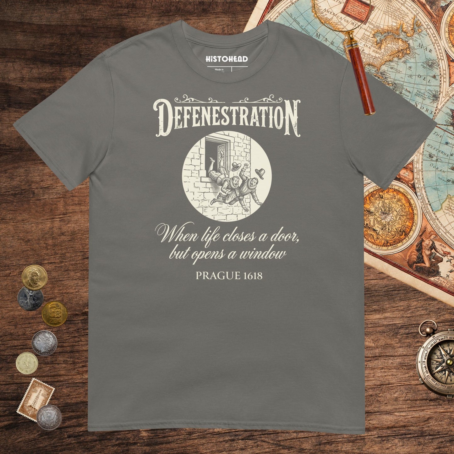 Charcoal Defenestration When Life Closes A Door But Opens A Window Tee - history buff gift by HistoHead