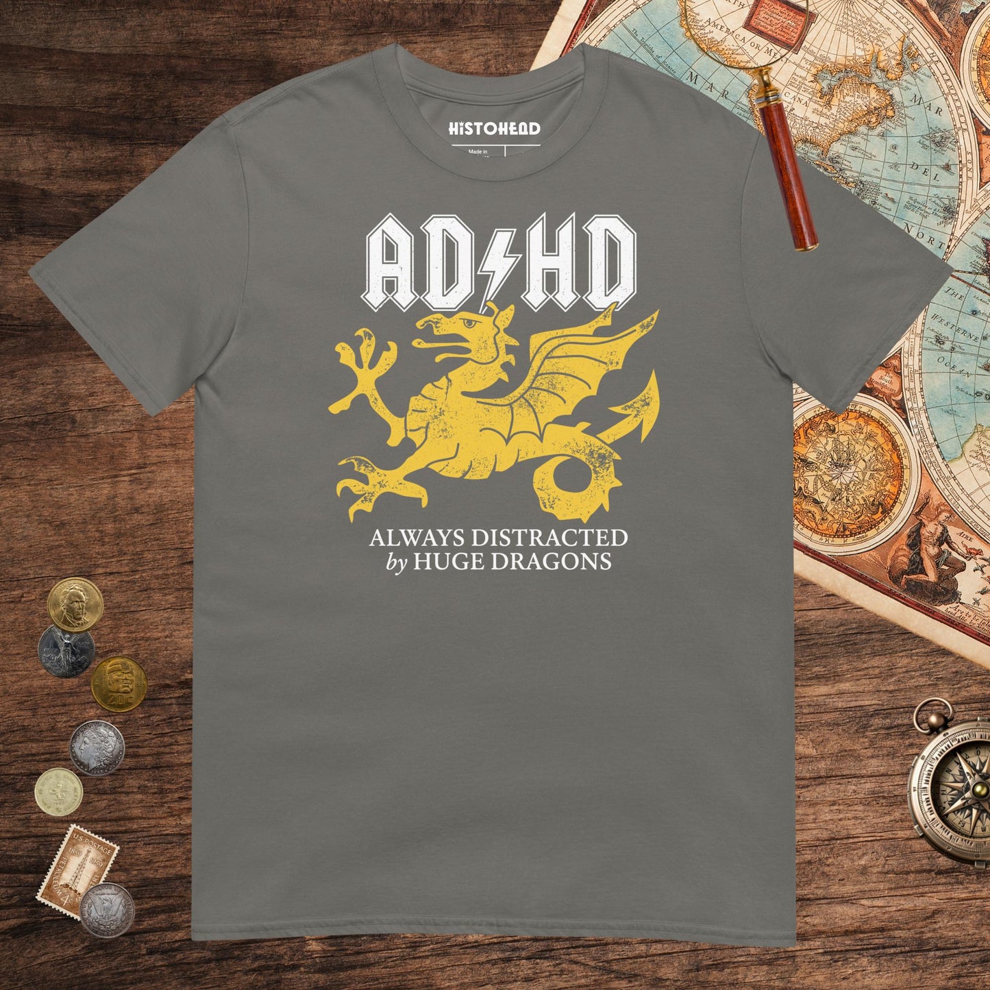 Charcoal Always Distracted by Huge Dragons (Wyverns) Tee - history buff gift by HistoHead