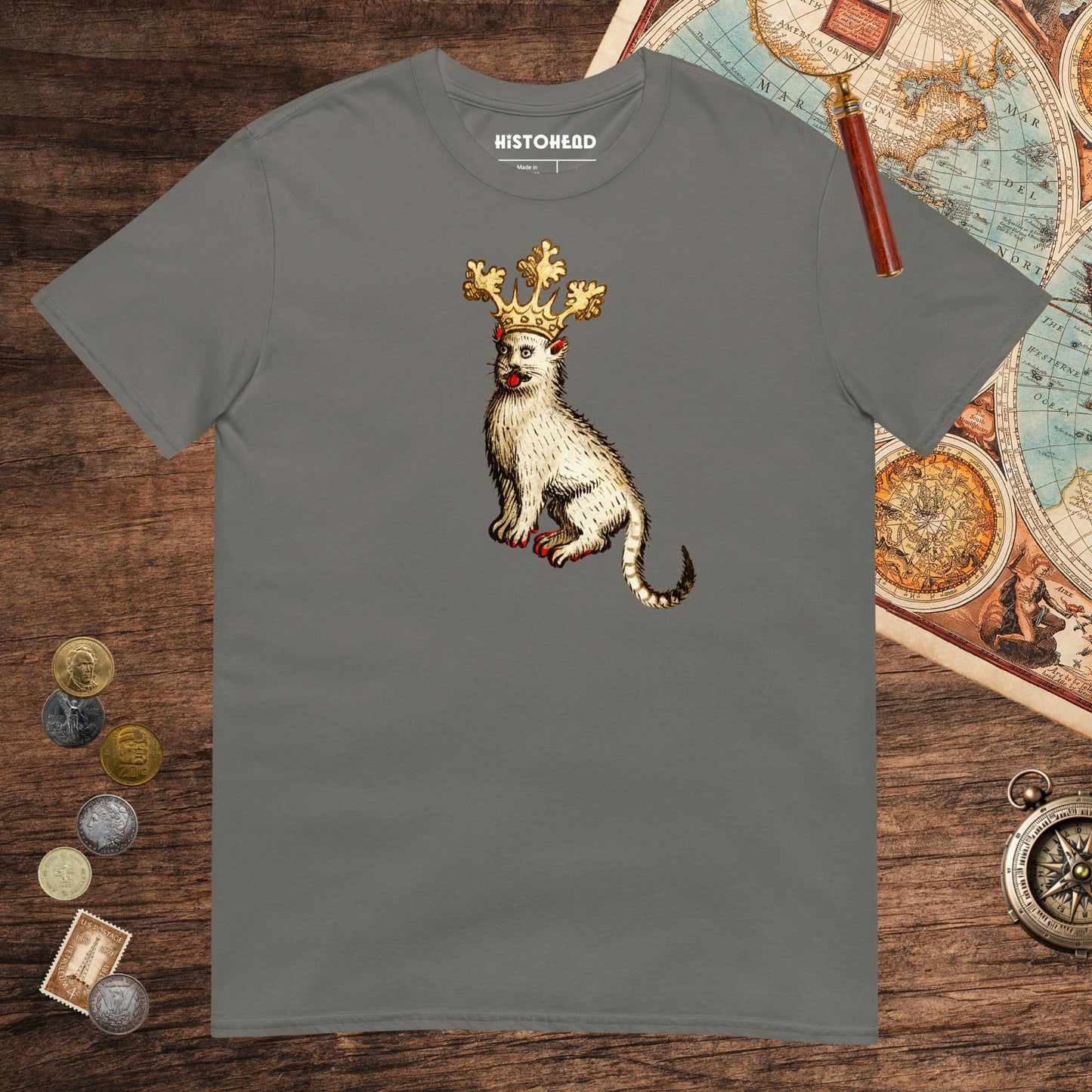 Charcoal Medieval Cat King Tee - history buff gift by HistoHead