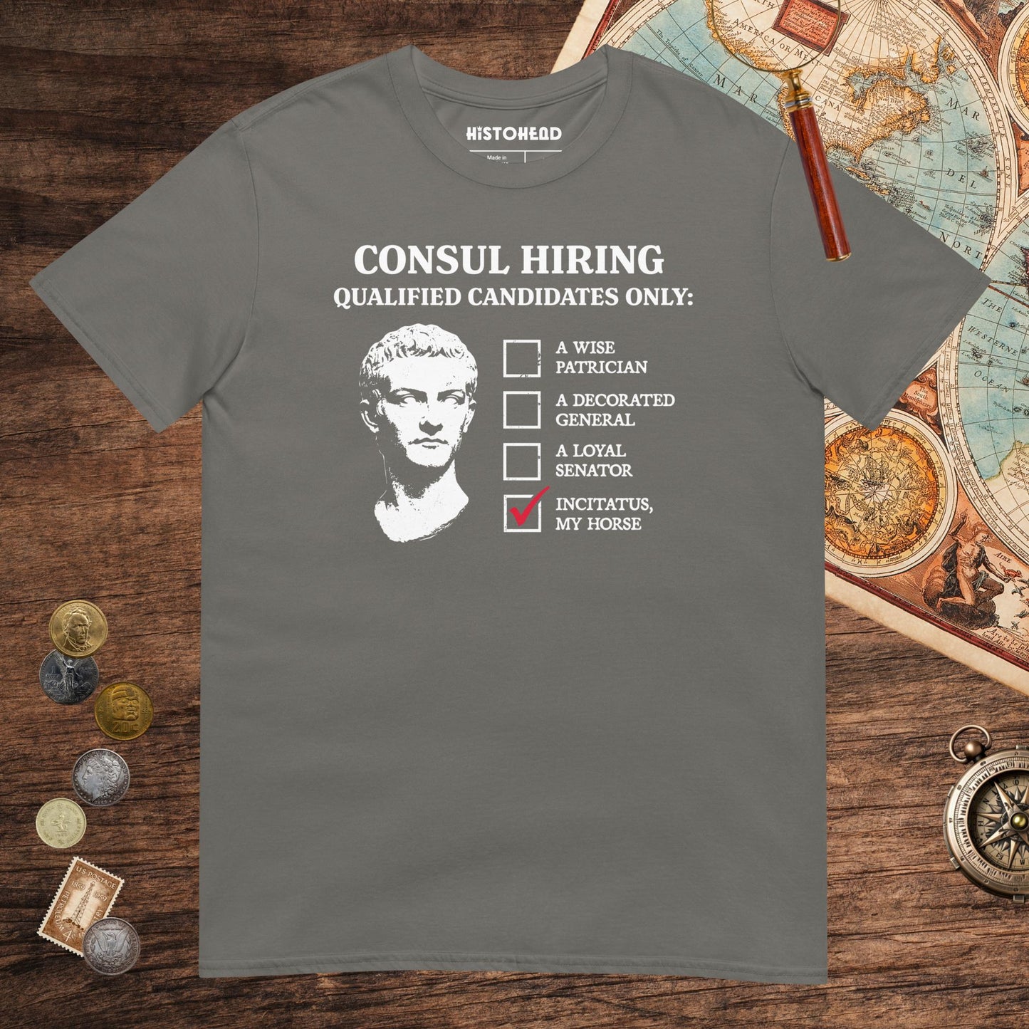 Charcoal Caligula's Nominee for Consul Tee - history buff gift by HistoHead