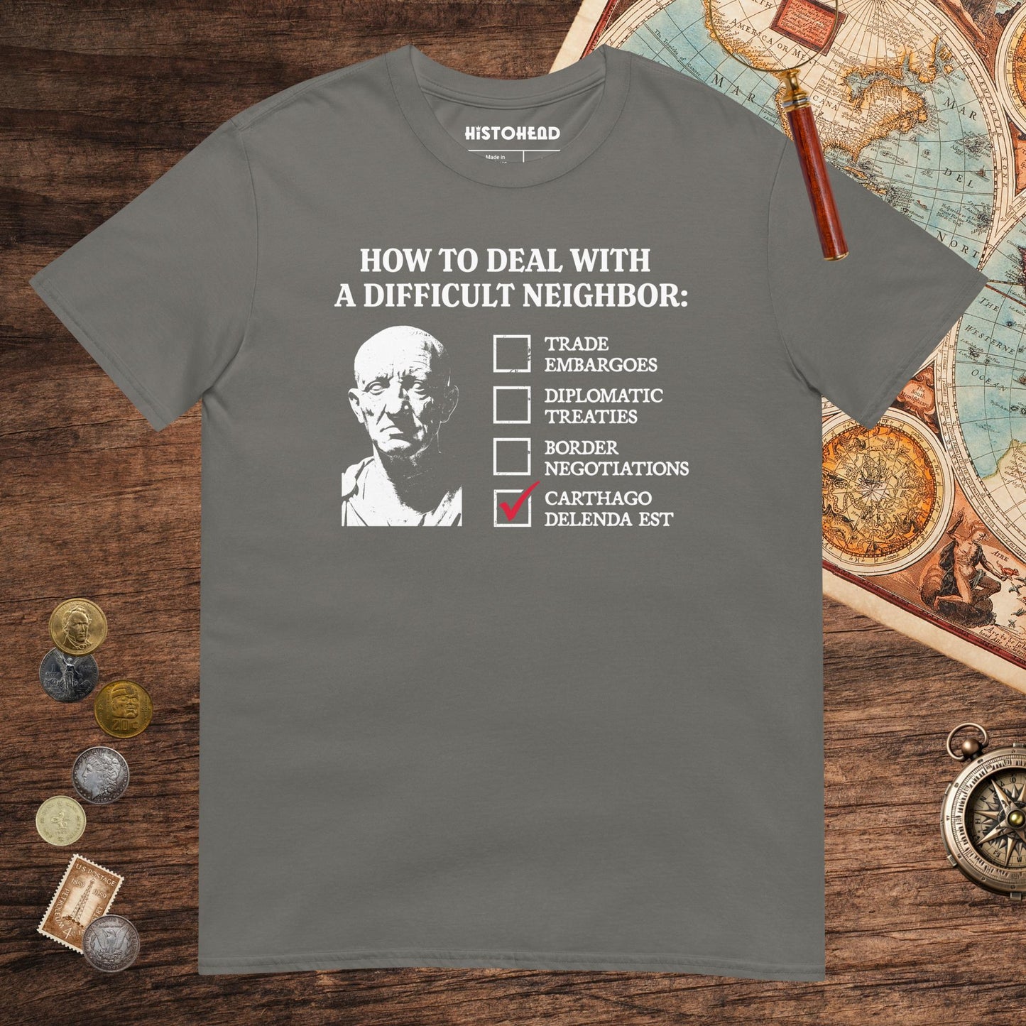 Charcoal Cato's Foreign Policy Tee - history buff gift by HistoHead