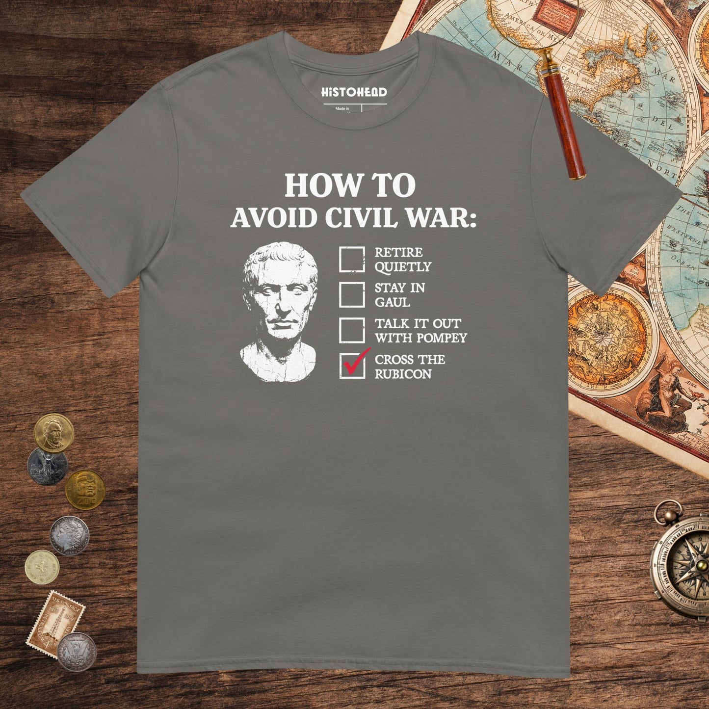 Charcoal Caesar's Peace Plan Tee - history buff gift by HistoHead