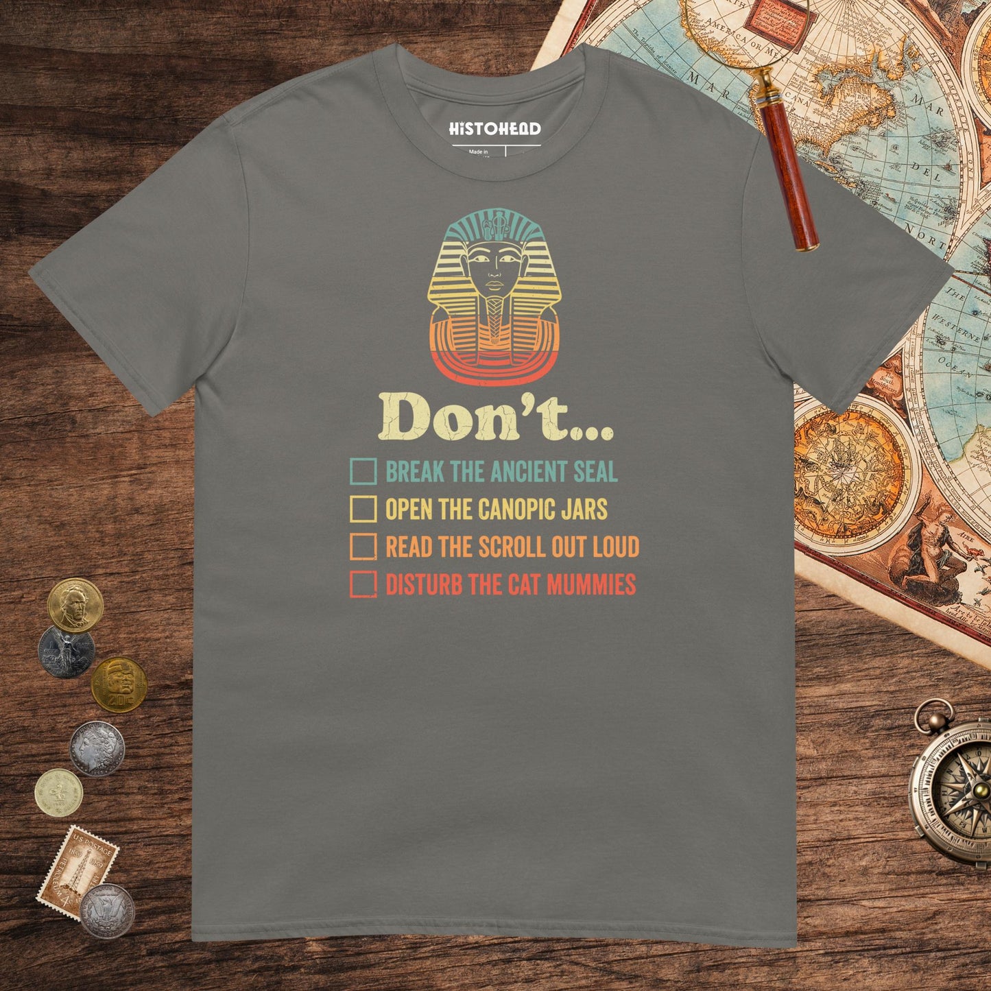 Charcoal King Tutankhamun Advice Tee - history buff gift by HistoHead