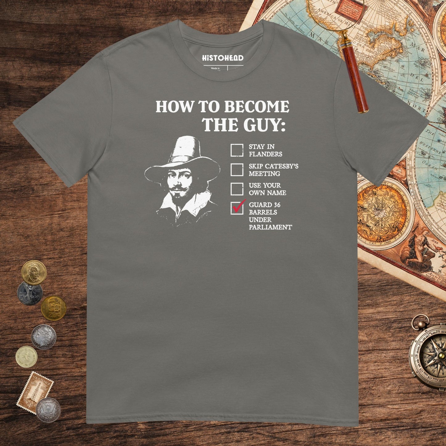 Charcoal Guy Fawkes How to Become the Guy Tee - history buff gift by HistoHead