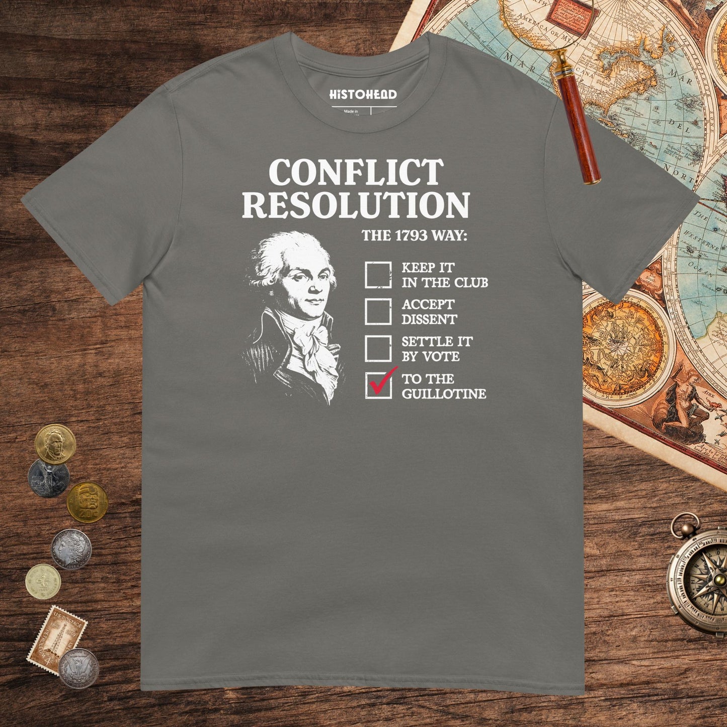 Charcoal Robespierre's Conflict Resolution Tee - history buff gift by HistoHead