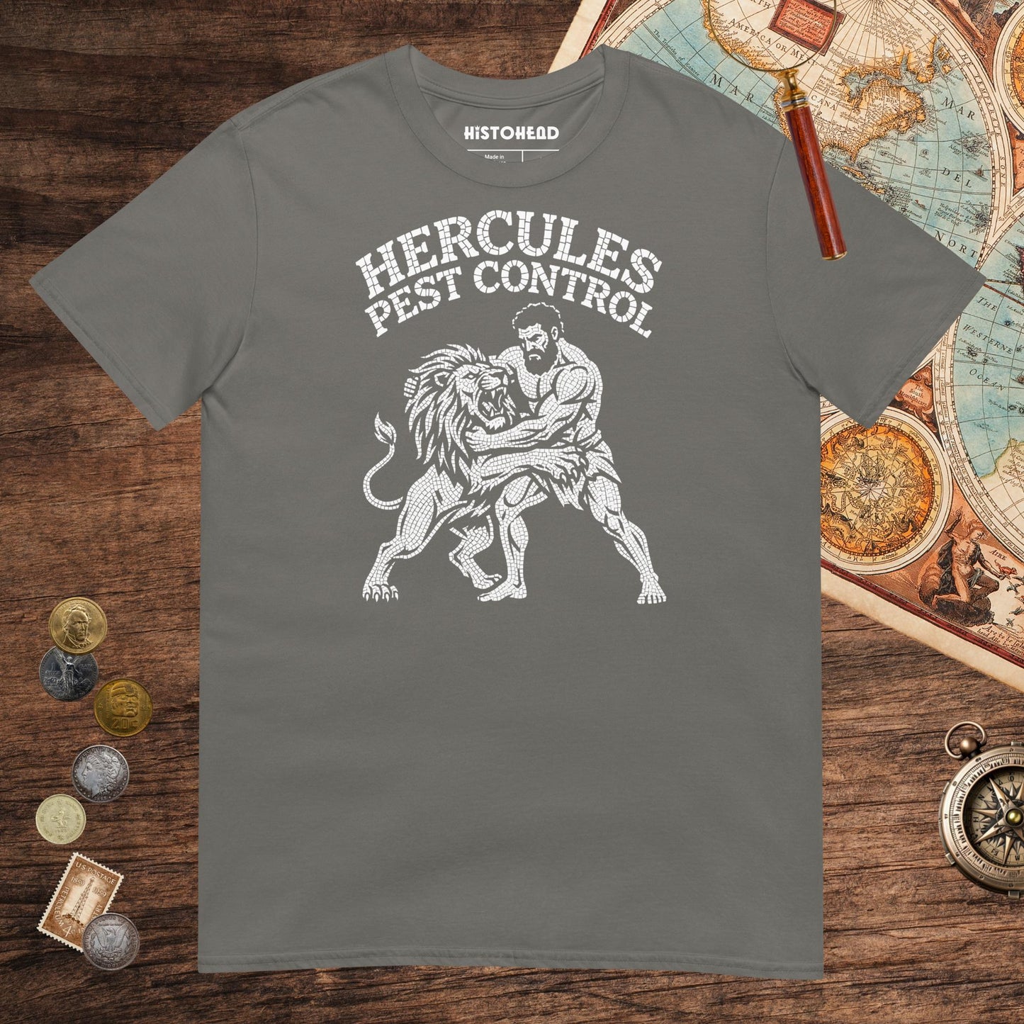 Charcoal Hercules Pest Control Tee - history buff gift by HistoHead