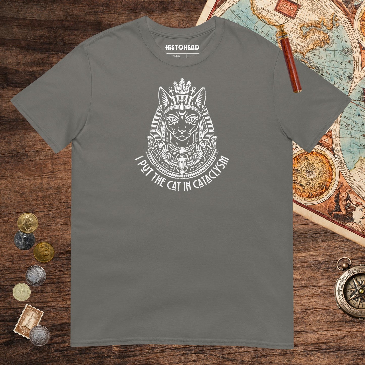 Charcoal Bastet I Put the Cat in Cataclysm Tee - history buff gift by HistoHead