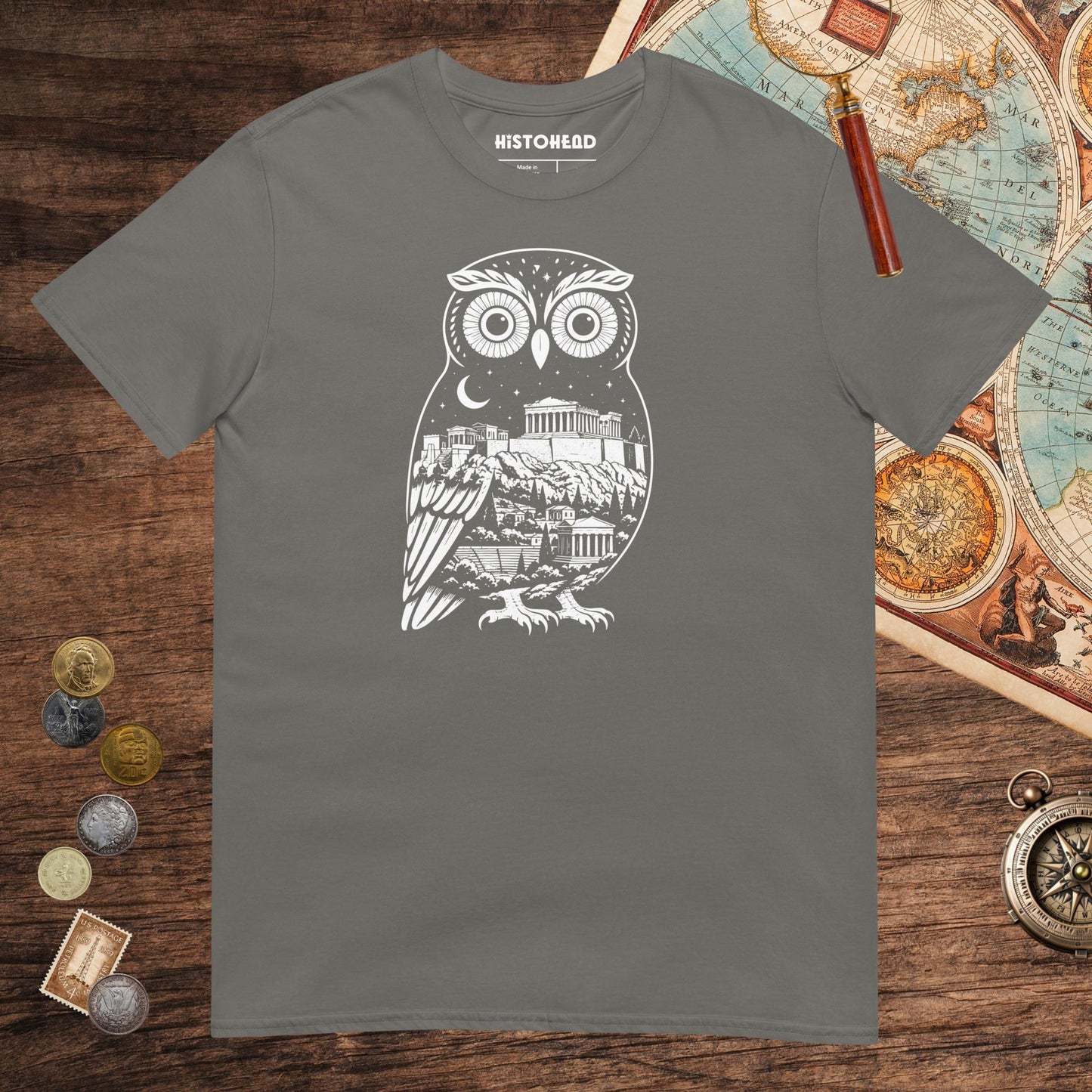 Charcoal Athena Owl Tee - history buff gift by HistoHead