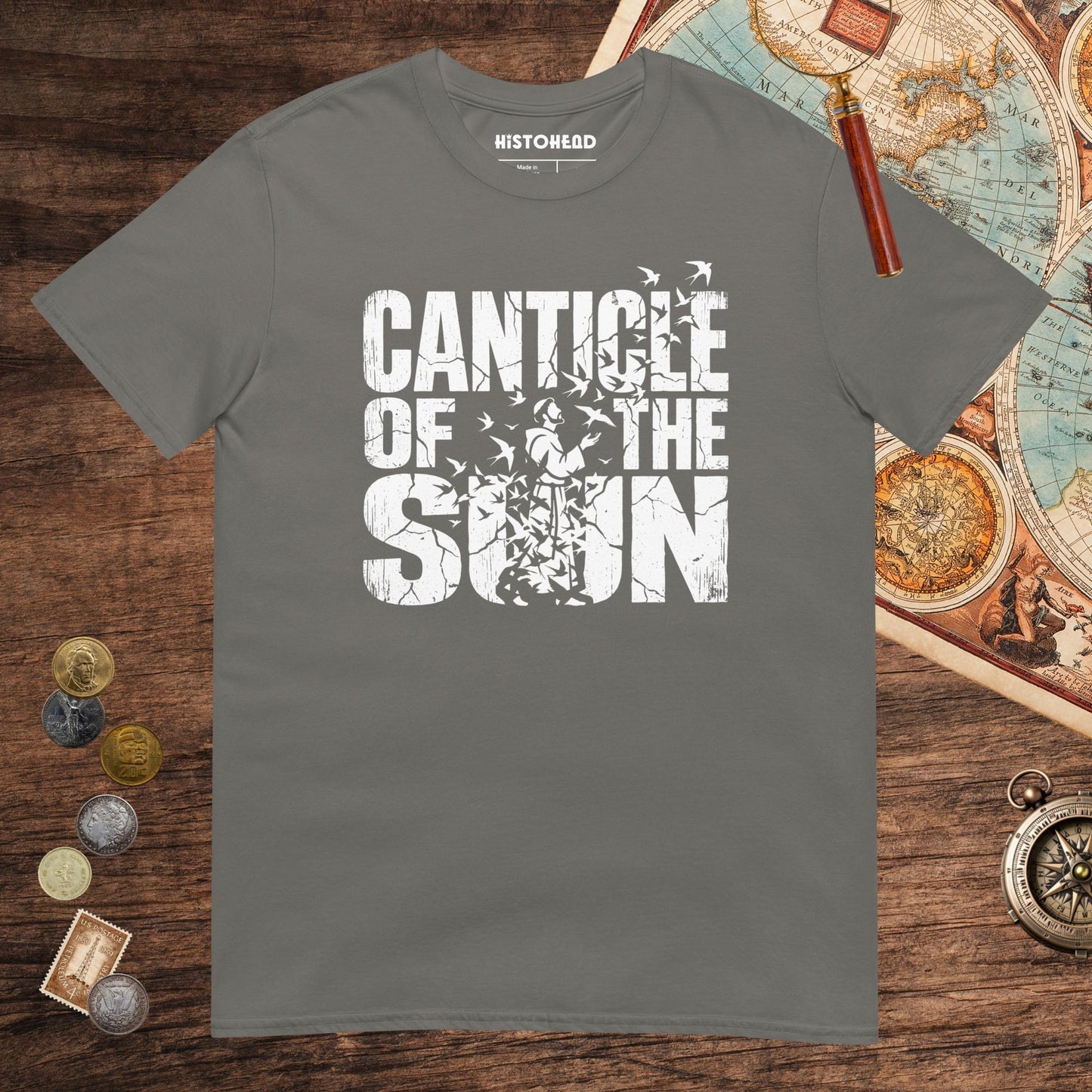Charcoal Canticle of the Sun Saint Francis of Assisi Birds Tee - history buff gift by HistoHead