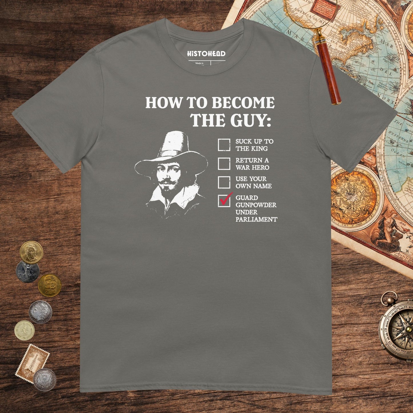 Charcoal Guy Fawkes How to Become the Guy Tee - history buff gift by HistoHead