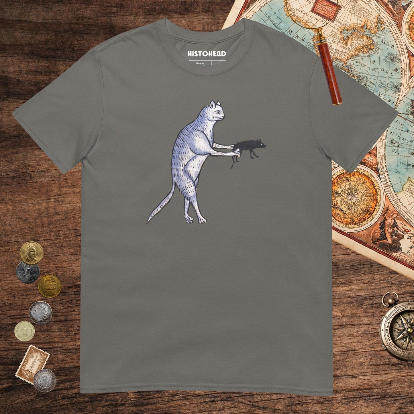 Charcoal Weird Medieval Cat's Mouse-Gun Tee - history buff gift by HistoHead