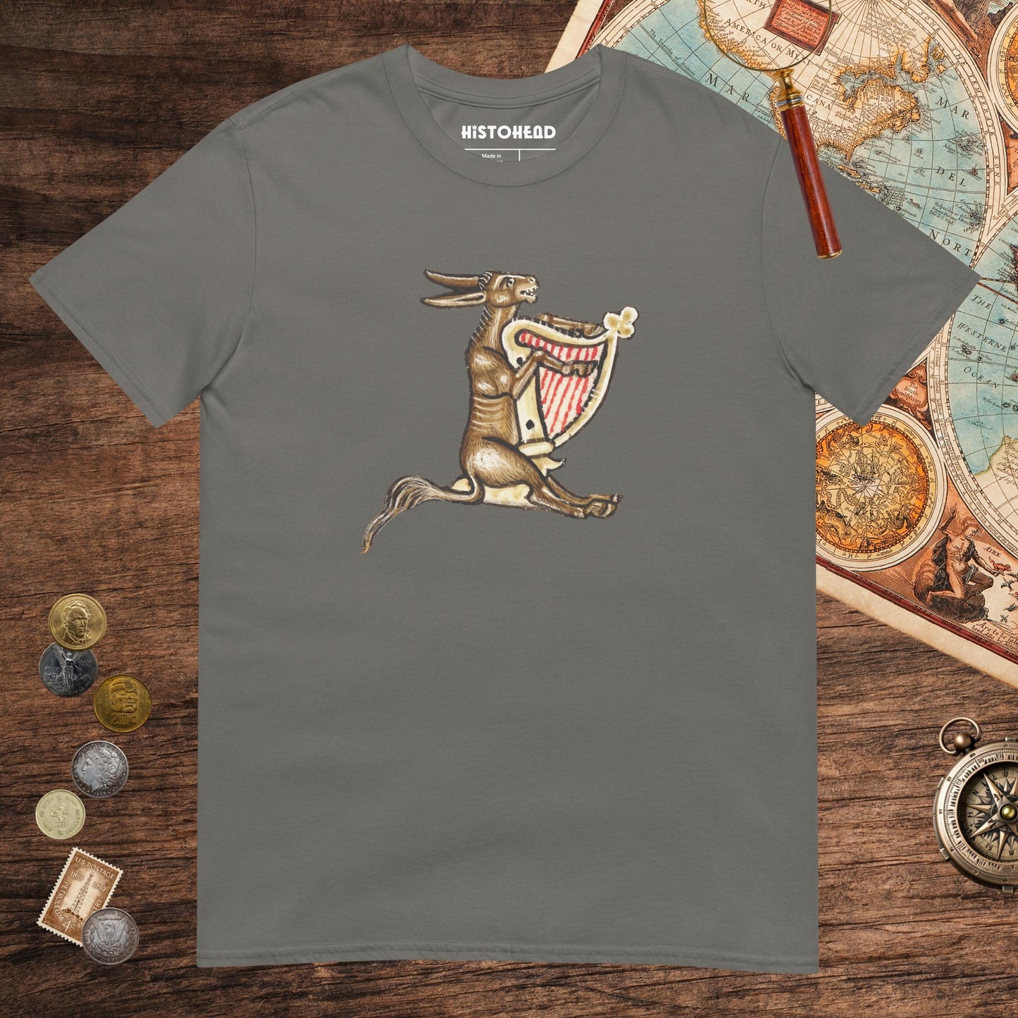 Charcoal Weird Medieval Donkey Harpist Tee - history buff gift by HistoHead