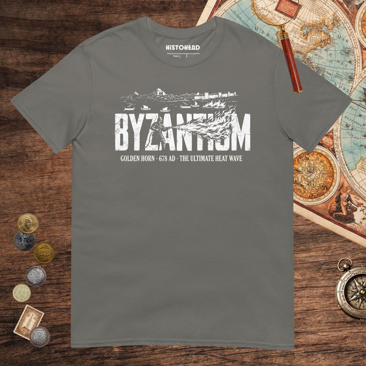 Charcoal Greek Fire 678 Tee - history buff gift by HistoHead