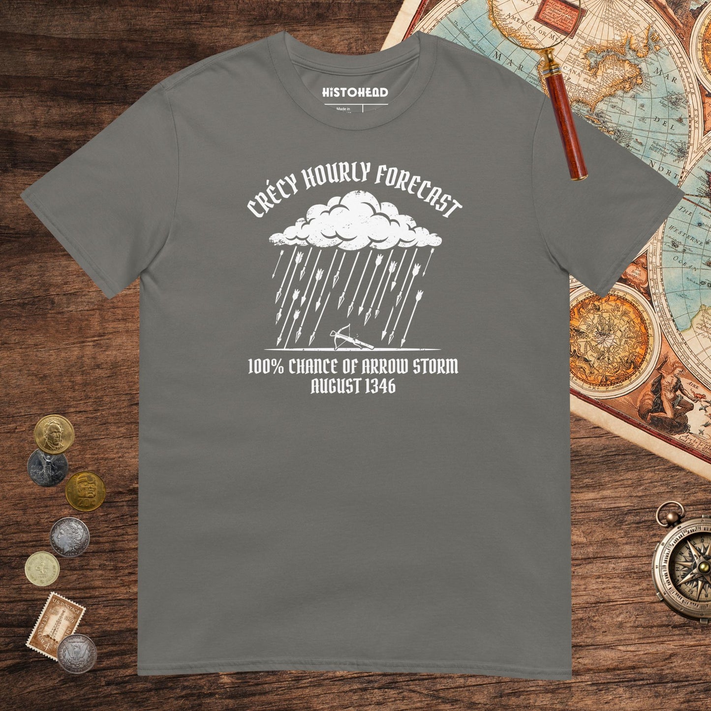 Charcoal Crecy Arrow Storm Forecast Tee - history buff gift by HistoHead