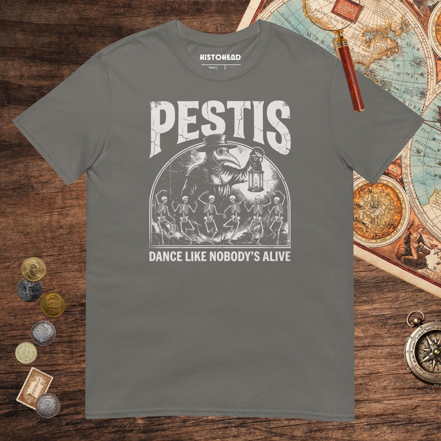 Charcoal Pestis Dance Tee - history buff gift by HistoHead