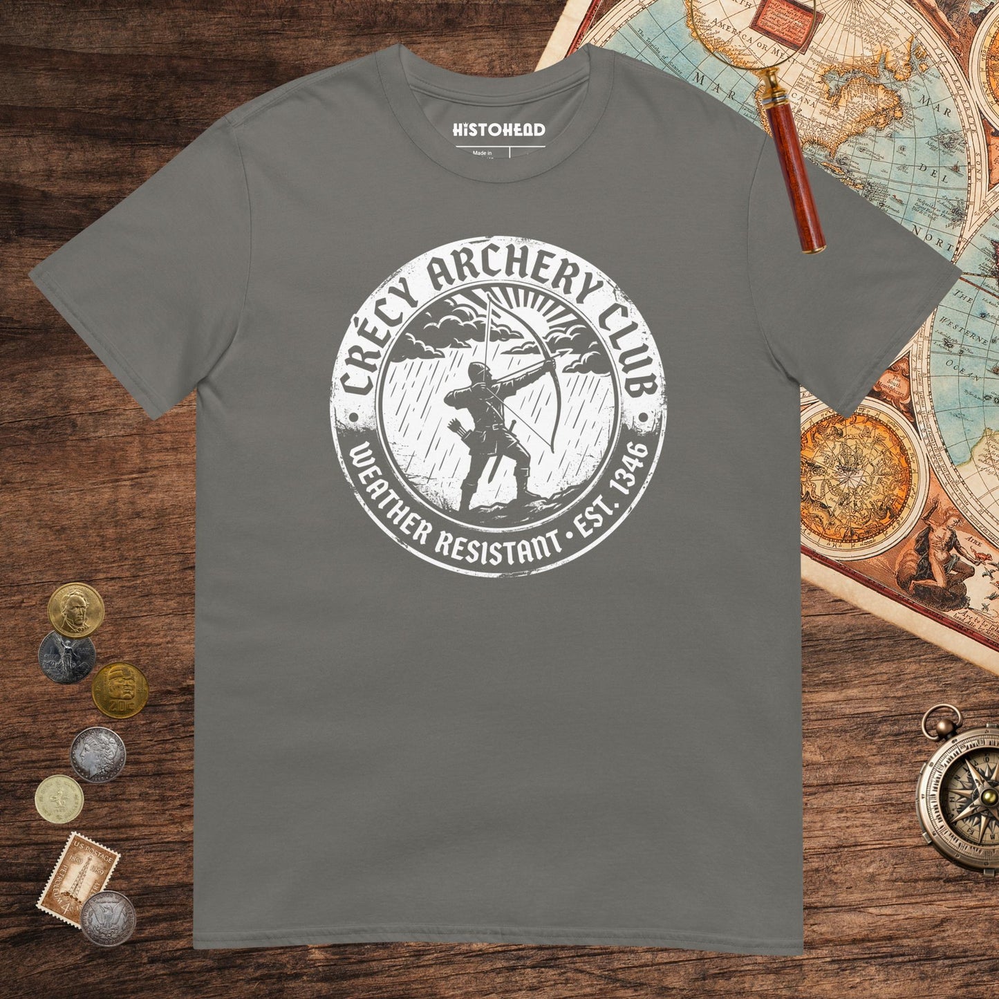 Charcoal Crecy Archery Club Tee - history buff gift by HistoHead