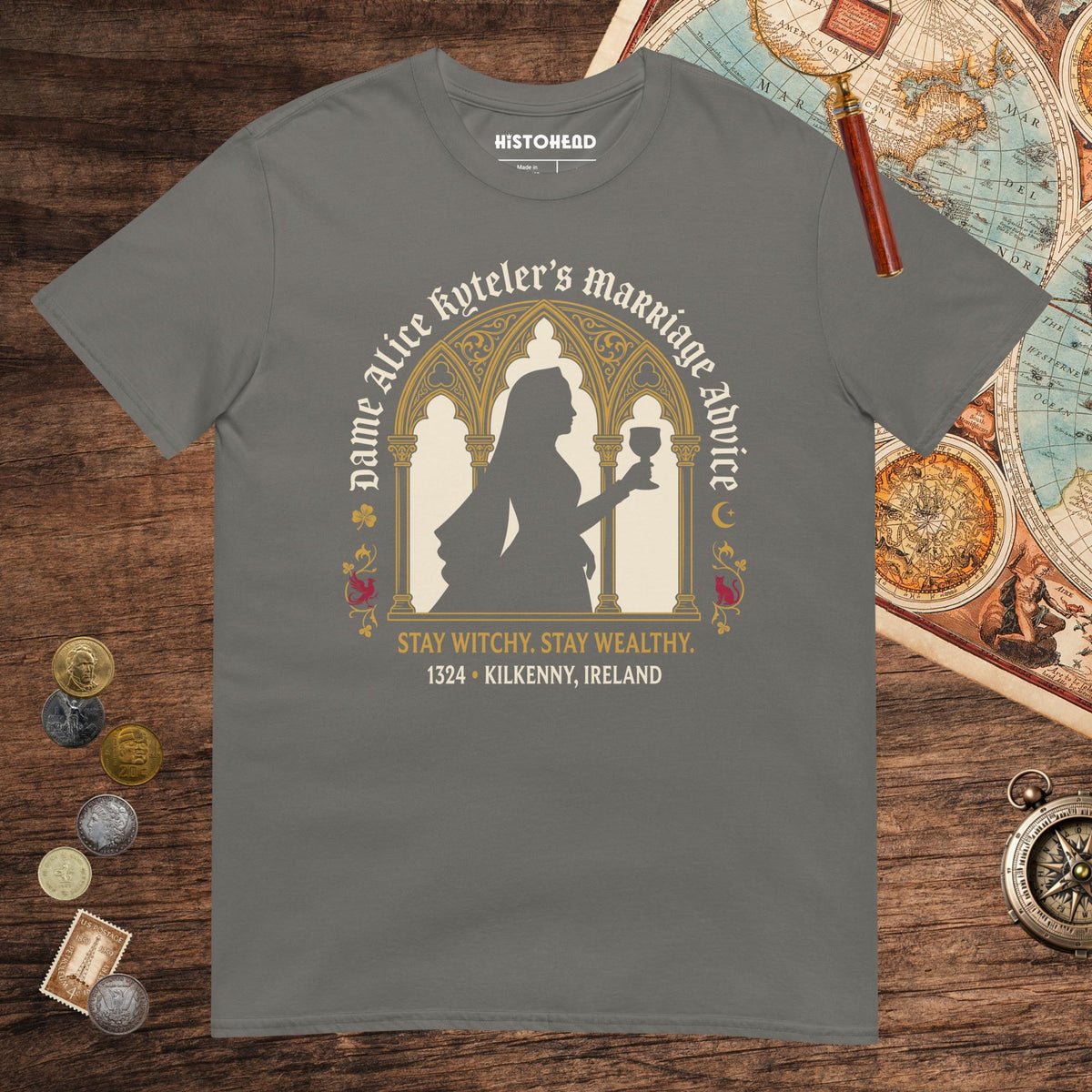 Charcoal Alice Kyteler's Marriage Advice Tee - history buff gift by HistoHead