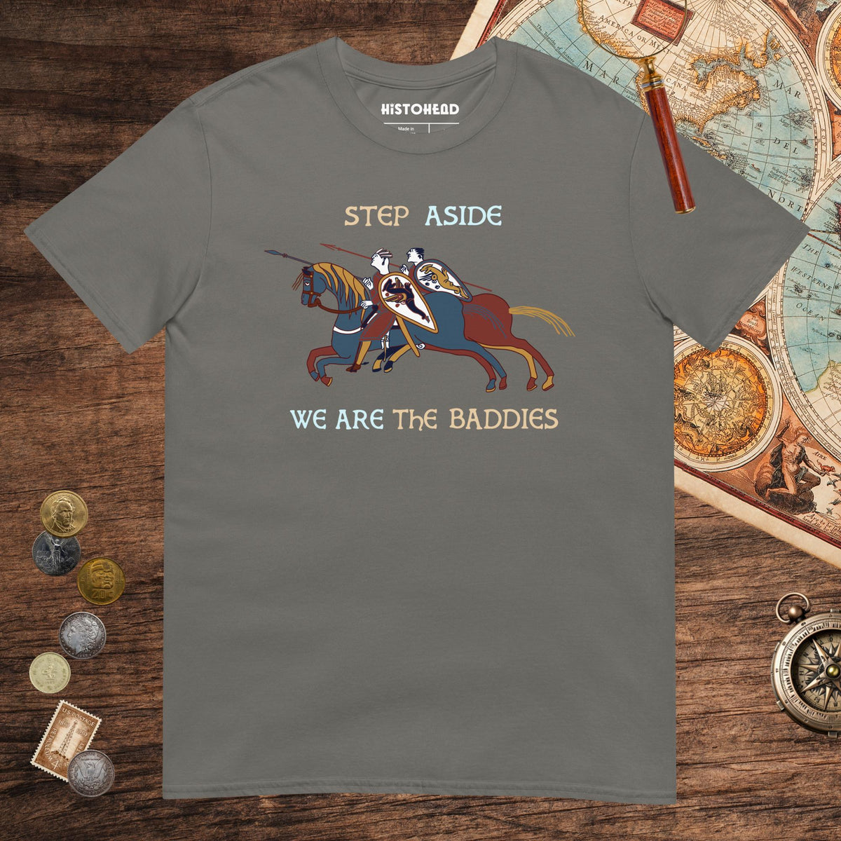 Charcoal Bayeux Tapestry Step Aside We Are the Baddies Tee - history buff gift by HistoHead