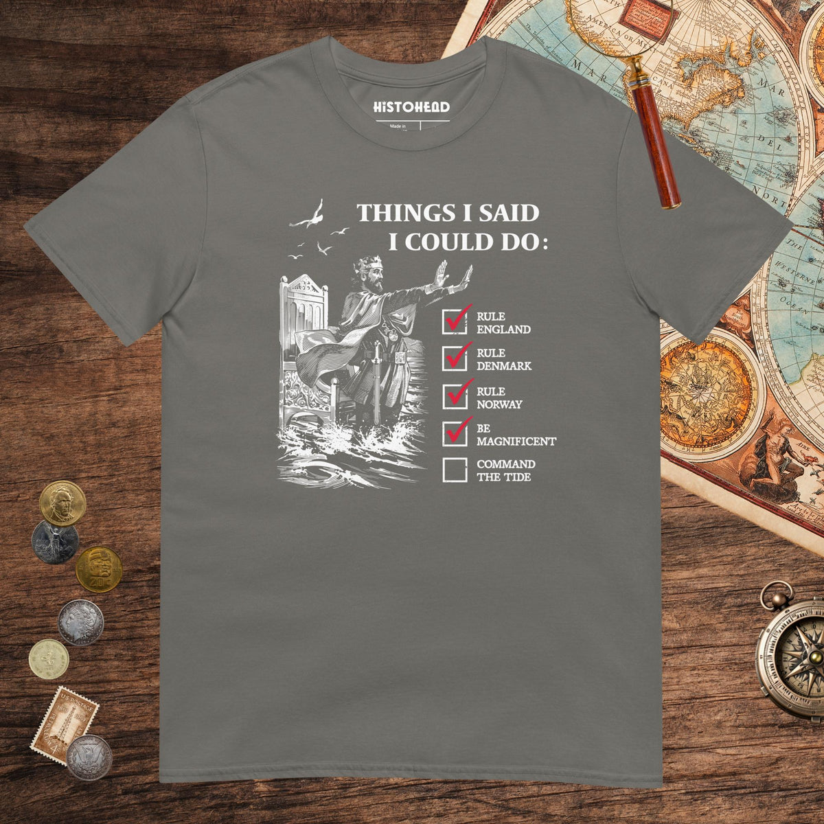 Charcoal Cnut the Great Commanding the Tide Tee - history buff gift by HistoHead