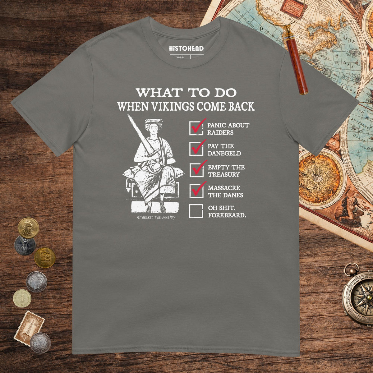 Charcoal Æthelred the Unready Viking Raid Survival Guide Tee - history buff gift by HistoHead