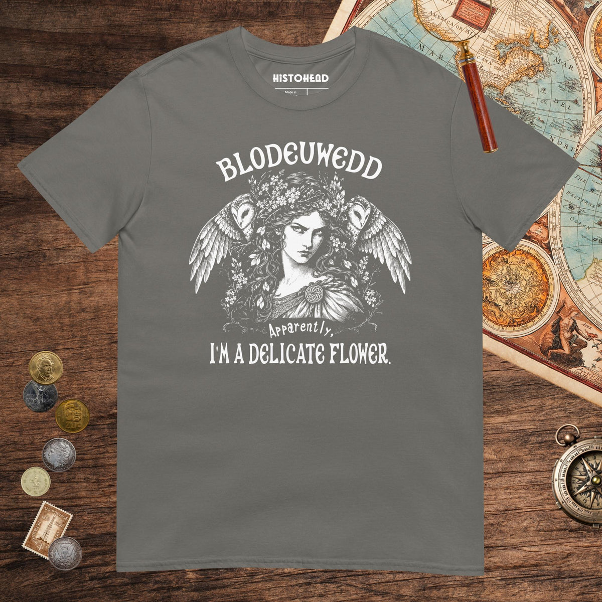 Charcoal Blodeuwedd Apparently I'm A Delicate Flower Tee - history buff gift by HistoHead