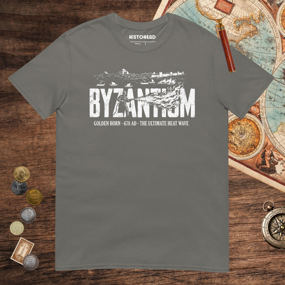 Charcoal Greek Fire 678 Tee - history buff gift by HistoHead