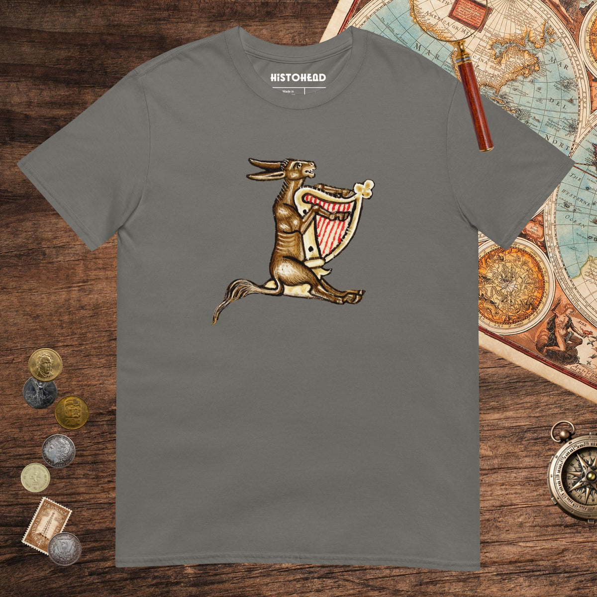 Charcoal Weird Medieval Donkey Harpist Tee - history buff gift by HistoHead