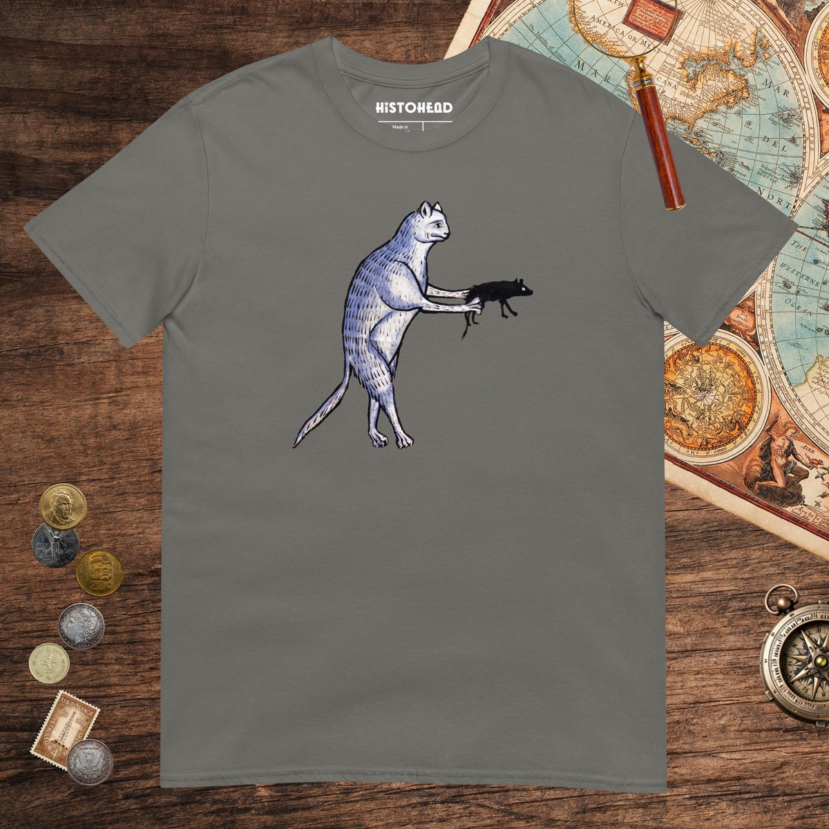 Charcoal Weird Medieval Cat's Mouse-Gun Tee - history buff gift by HistoHead