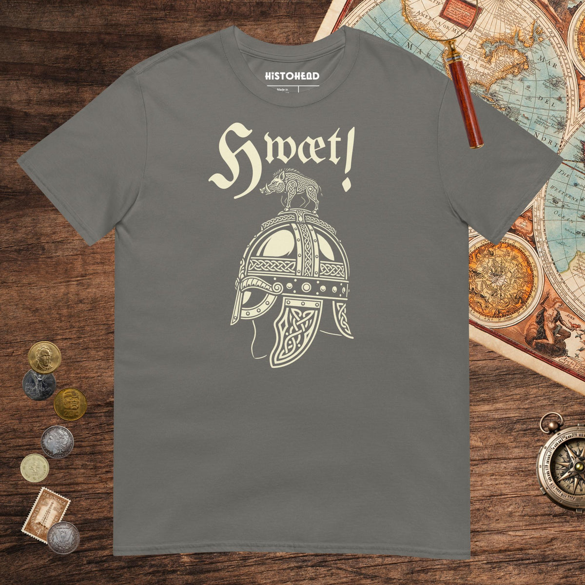Charcoal Hwæt Boar-Crested Helmet Tee - history buff gift by HistoHead