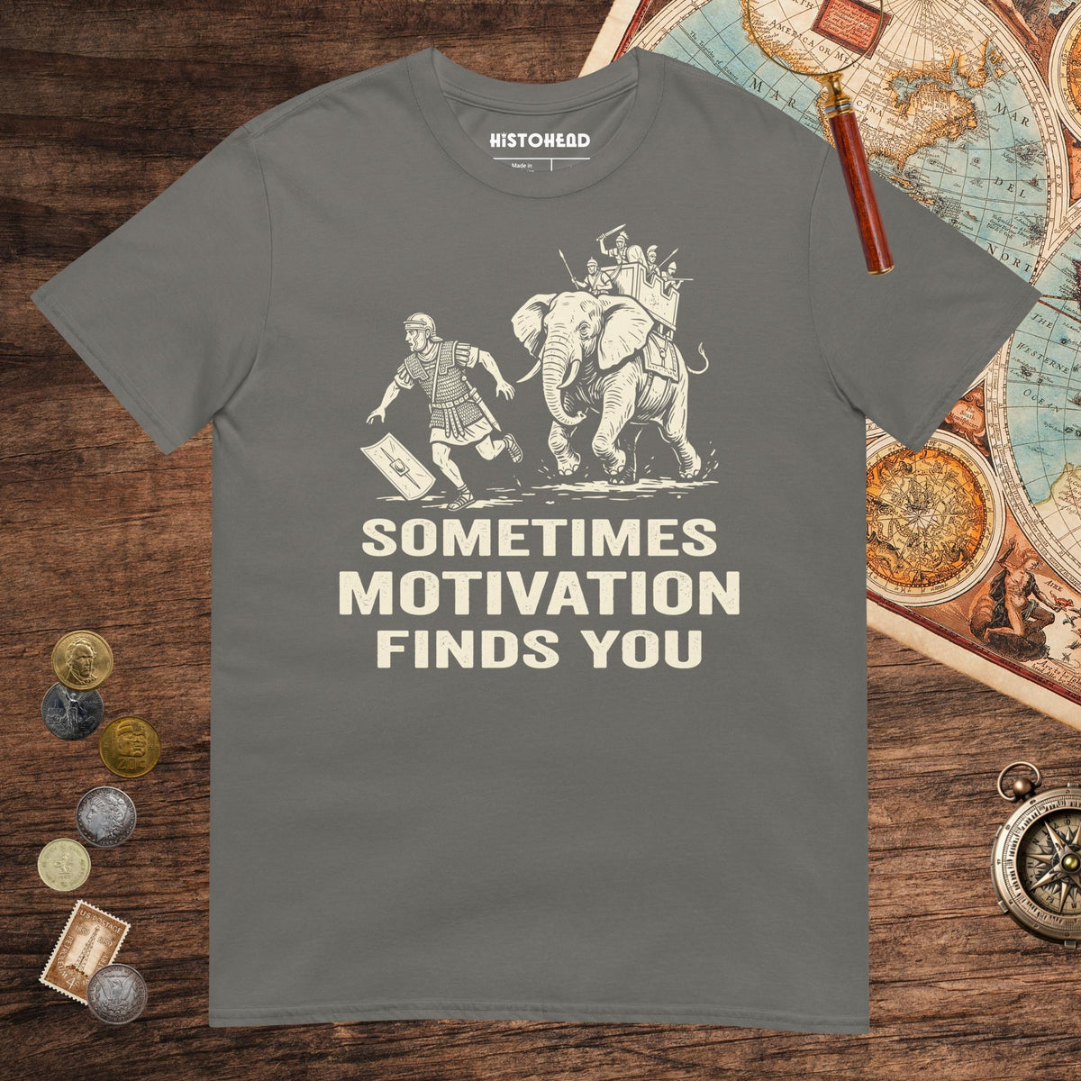 Charcoal Motivation Finds You War Elephant Edition Tee - history buff gift by HistoHead
