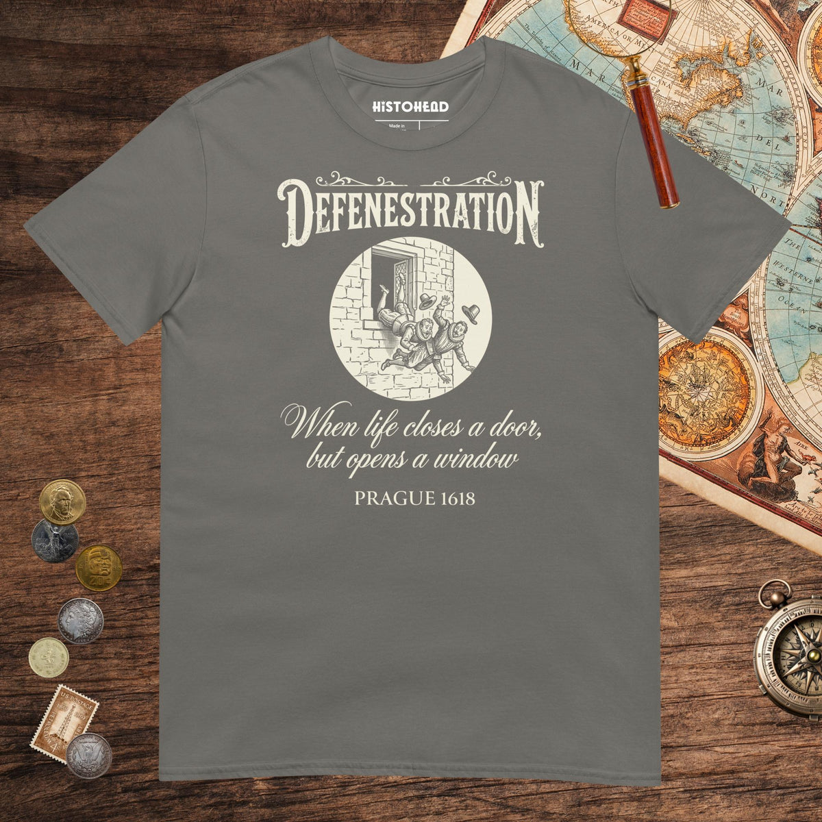 Charcoal Defenestration When Life Closes A Door But Opens A Window Tee - history buff gift by HistoHead