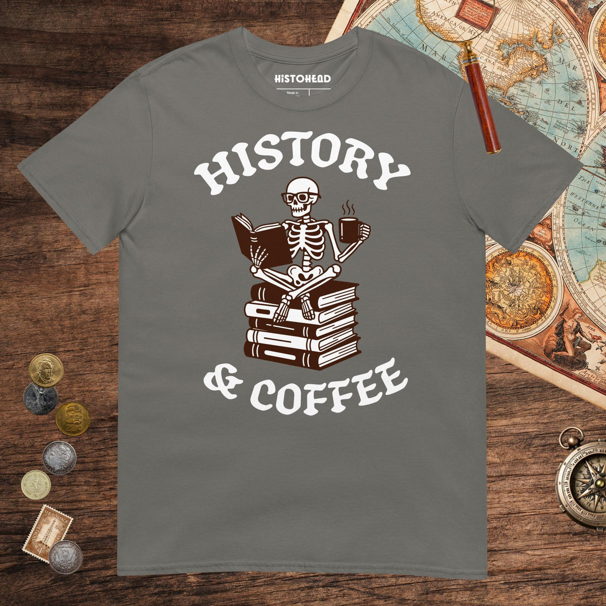 Charcoal History & Coffee Tee - history buff gift by HistoHead