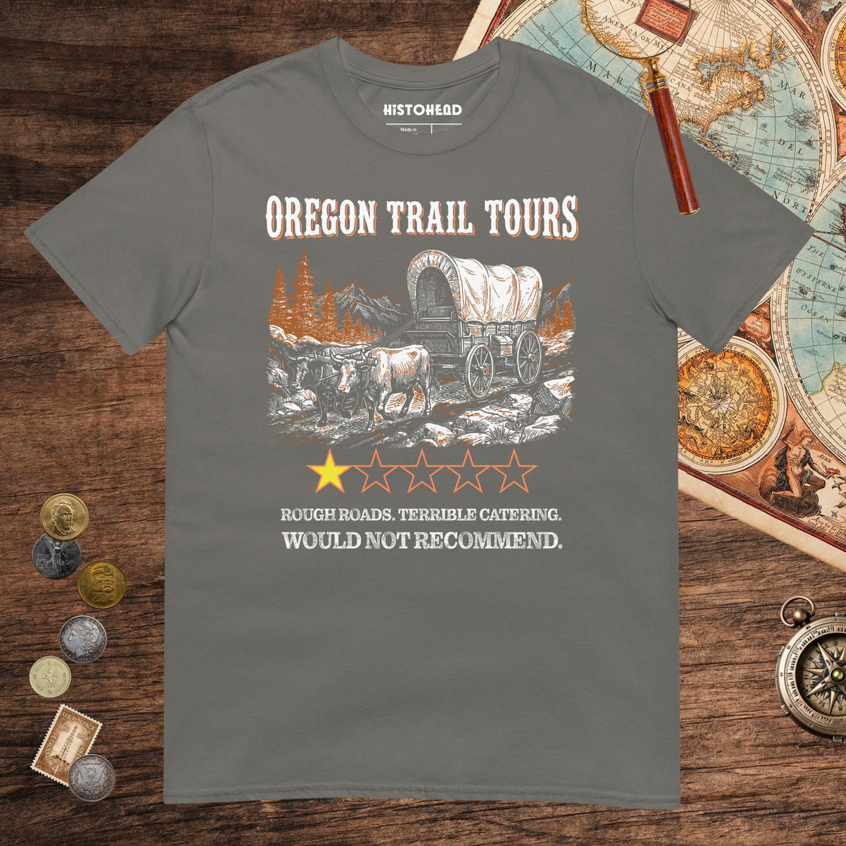 Charcoal Oregon Trail Tours Review Tee - history buff gift by HistoHead