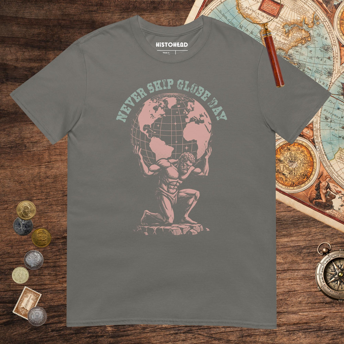 Charcoal Atlas Never Skip Globe Day Tee - history buff gift by HistoHead
