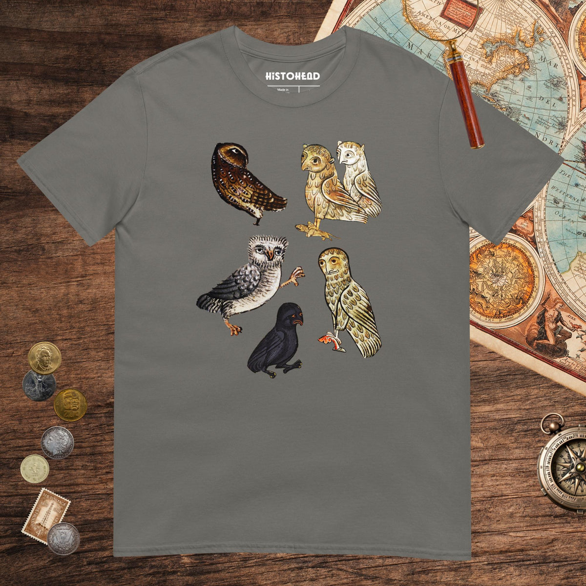 Charcoal Weird Medieval Owls Tee - history buff gift by HistoHead