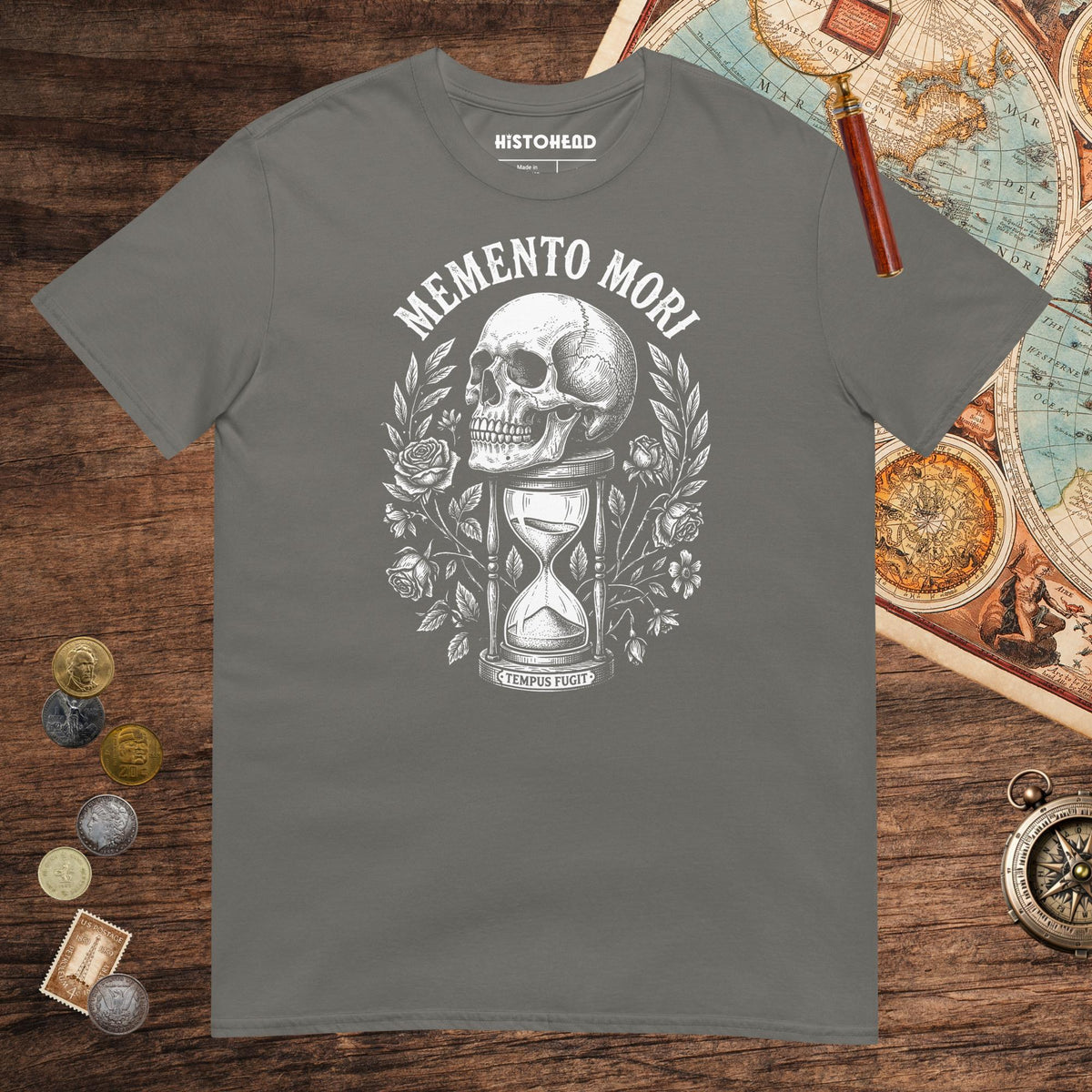 Charcoal Memento Mori Tempus Fugit Tee - history buff gift by HistoHead
