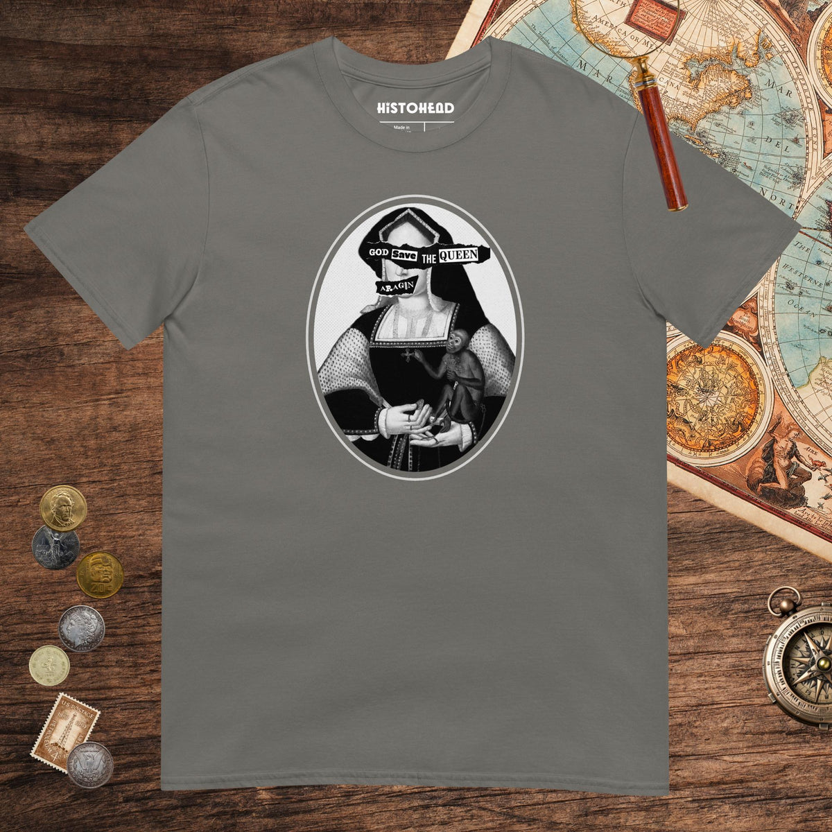 Charcoal God Save the Queen Katherine of Aragon Tee - history buff gift by HistoHead
