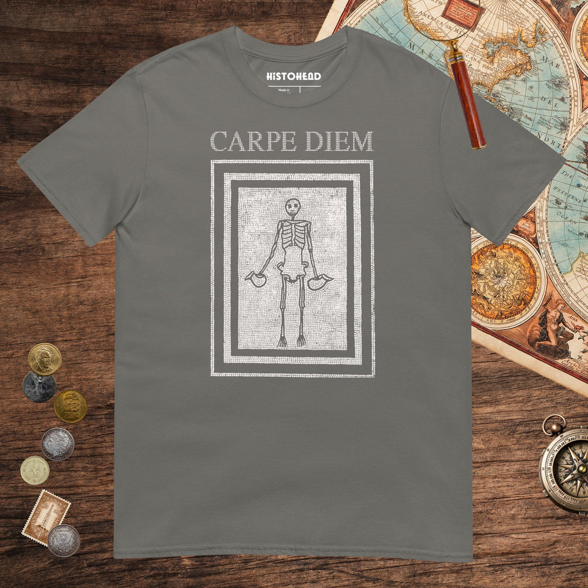 Charcoal Carpe Diem Skeleton Tee - history buff gift by HistoHead