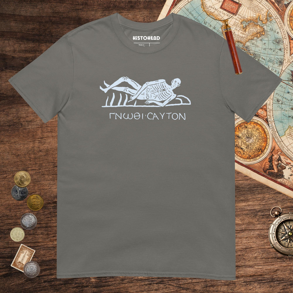 Charcoal Know Thyself Skeleton Tee - history buff gift by HistoHead