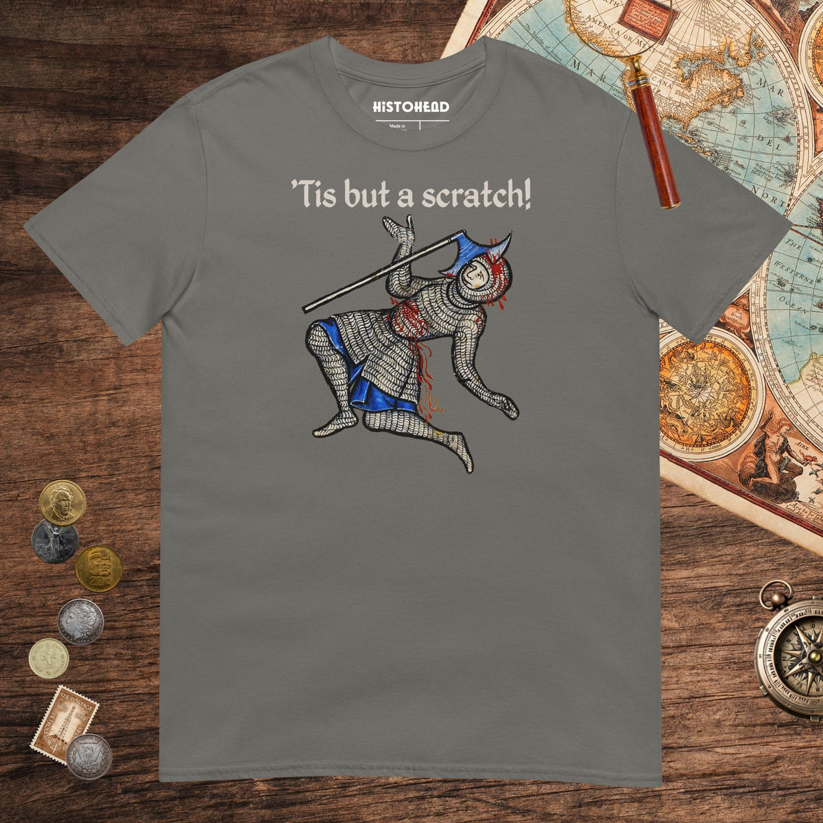 Charcoal Tis But A Scratch Tee - history buff gift by HistoHead