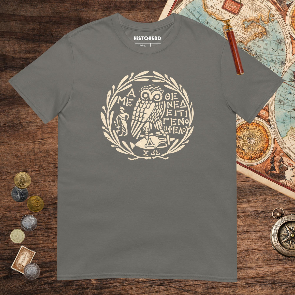 Charcoal Owl of Athena 2 Tee - history buff gift by HistoHead