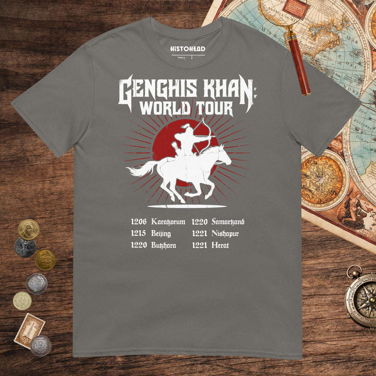 Charcoal Genghis Khan World Tour Tee - history buff gift by HistoHead