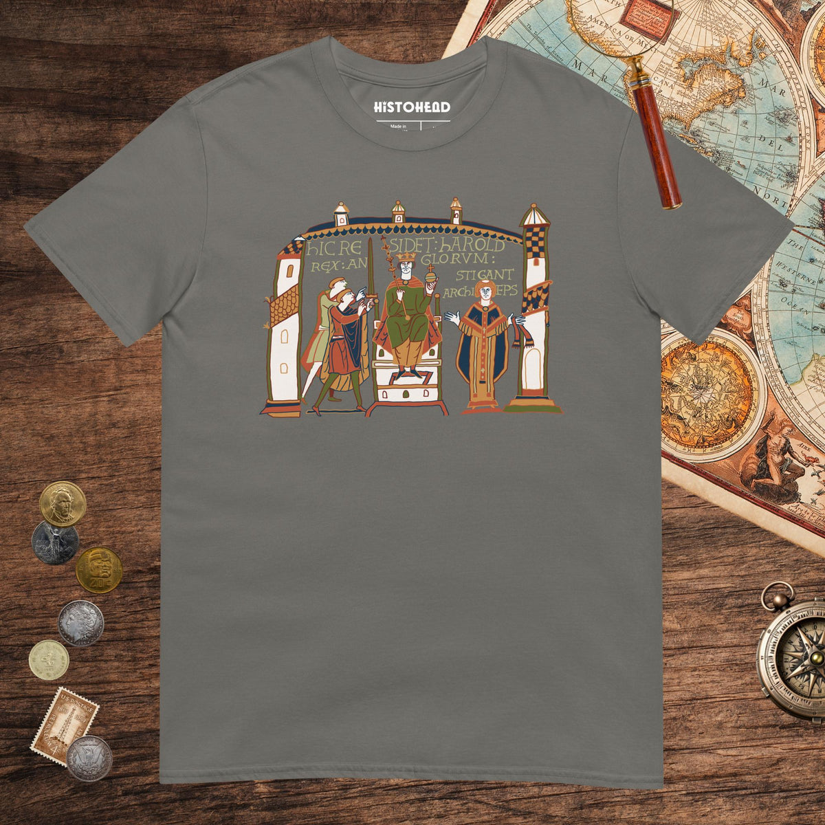 Charcoal Here Sits Throned Harold King of the English Bayeux Tapestry Tee - history buff gift by HistoHead