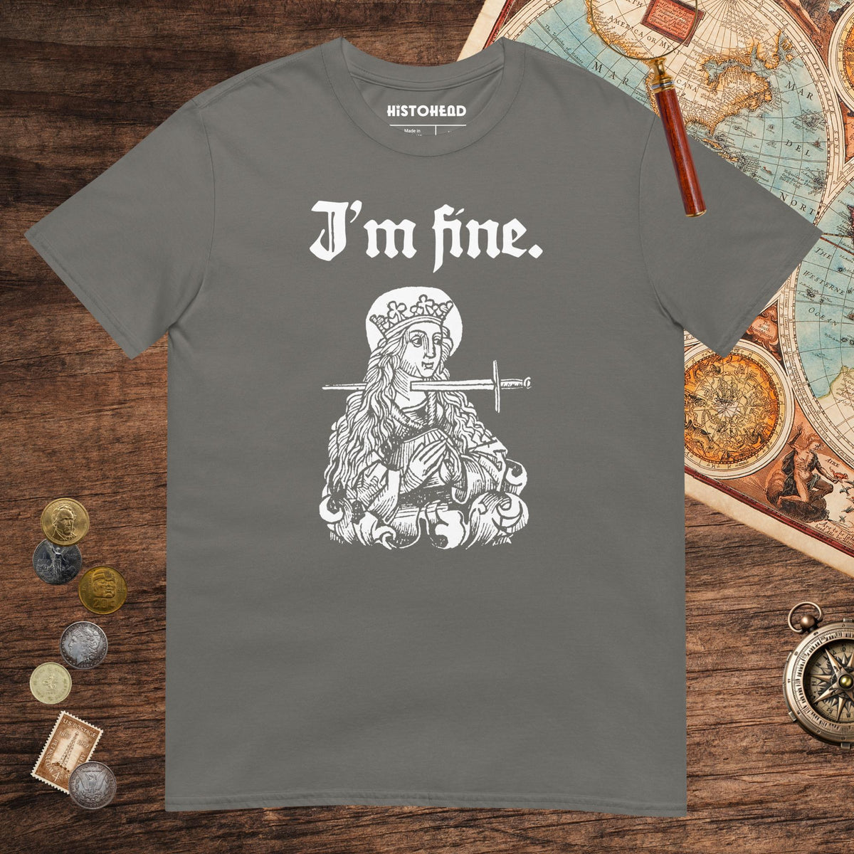 Charcoal Saint Lucy I'm Fine Tee - history buff gift by HistoHead
